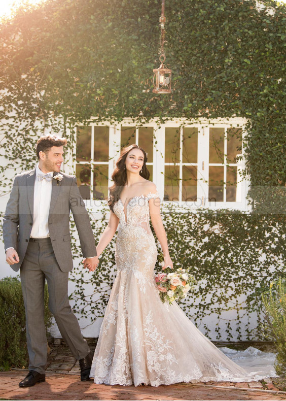 Plunging Neck Beaded Ivory Lace Tulle Deep V Pearl Buttons Back Wedding Dress